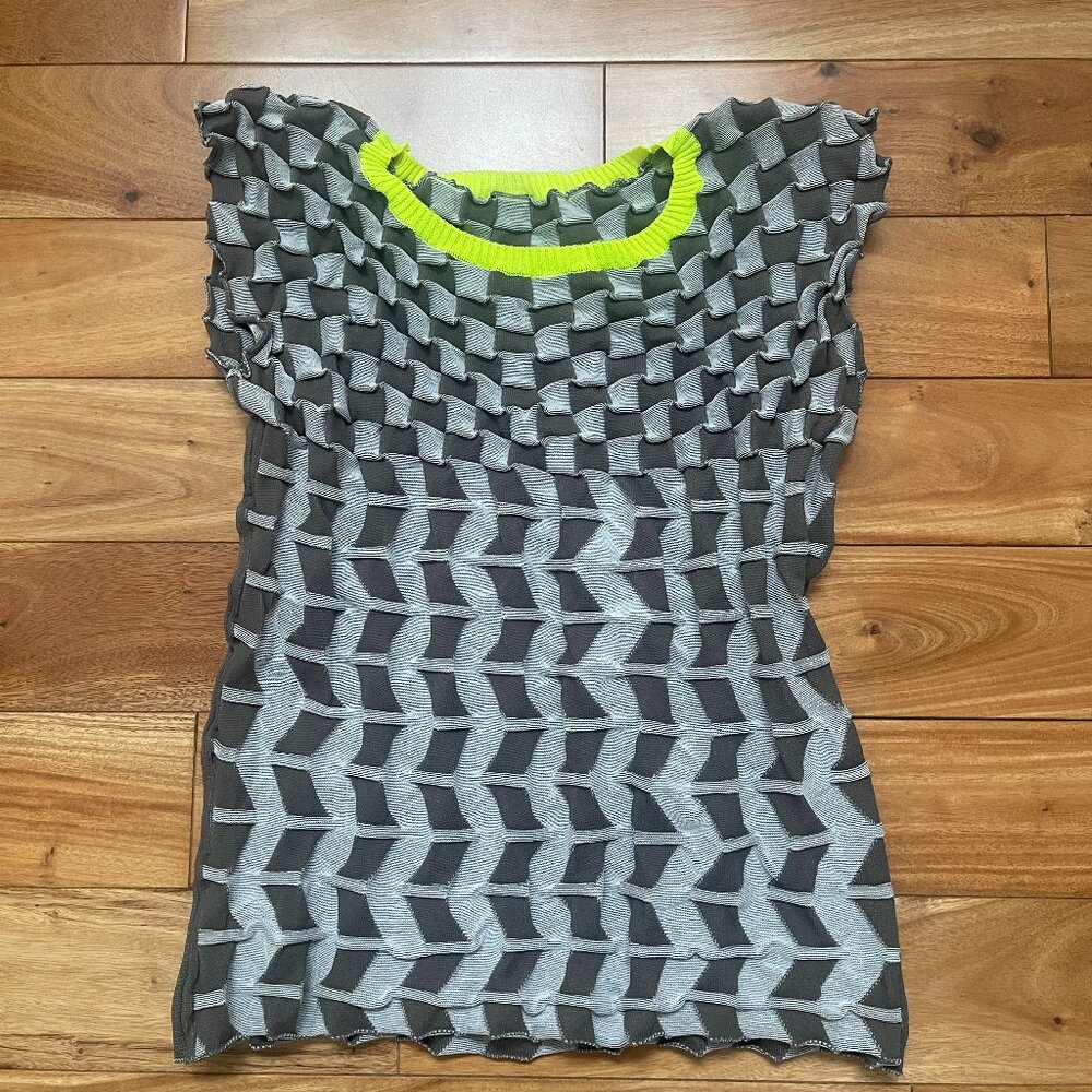 Issey Miyake Pleats Please Gray Yellow Scrunch Textured Top Blouse Sz 3